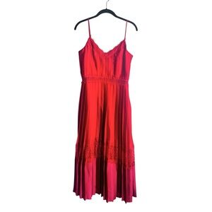 Little Mistress Red Pink Lace Pleated Midi Dress US 6 Tall